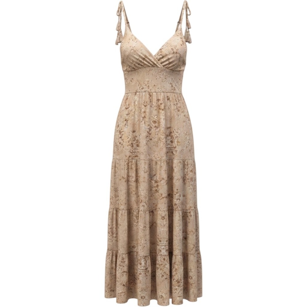 Dress Forum Los Angeles Floral Maxi Dress Tan Brown Tiered Tie Back Small FD7492